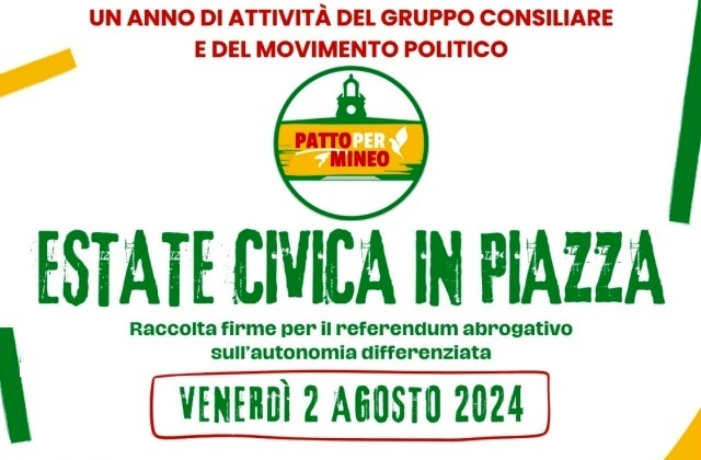 "Estate Civica in Piazza", venerdì 2 agosto. Un anno di attività del Gruppo Consiliare e del Movimento Politico "Patto per Mineo"